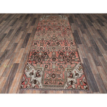 Load image into Gallery viewer, 3&#39;x8&#39;6&quot; Faded Red with Distinct Abrash, Vintage Persian Hamadan with Geometric Small Herat Fish Design, Hand Knotted, 100% Wool, Sheared Low, Zero Pile, Sides and Ends Professionally Secured, Runner, Oriental Rug FWR4788