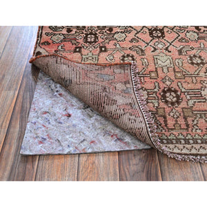 3'x8'6" Faded Red with Distinct Abrash, Vintage Persian Hamadan with Geometric Small Herat Fish Design, Hand Knotted, 100% Wool, Sheared Low, Zero Pile, Sides and Ends Professionally Secured, Runner, Oriental Rug FWR4788