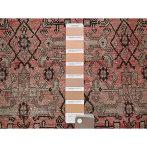 3'x8'6" Faded Red with Distinct Abrash, Vintage Persian Hamadan with Geometric Small Herat Fish Design, Hand Knotted, 100% Wool, Sheared Low, Zero Pile, Sides and Ends Professionally Secured, Runner, Oriental Rug FWR4788
