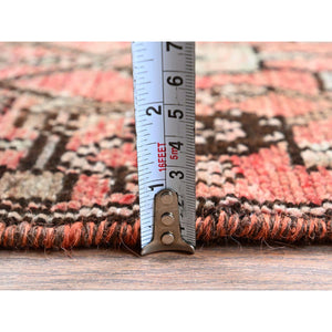 3'x8'6" Faded Red with Distinct Abrash, Vintage Persian Hamadan with Geometric Small Herat Fish Design, Hand Knotted, 100% Wool, Sheared Low, Zero Pile, Sides and Ends Professionally Secured, Runner, Oriental Rug FWR4788