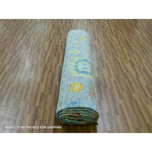 12'2"x15'2" Solid Gray with Patches of Gold and Blue, Colorful Oushak Weave and Design, Hand Knotted, All Over Pattern, Lush Pile, 100% Wool, Oversized, Oriental Rug FWR479412