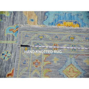 12'2"x15'2" Solid Gray with Patches of Gold and Blue, Colorful Oushak Weave and Design, Hand Knotted, All Over Pattern, Lush Pile, 100% Wool, Oversized, Oriental Rug FWR479412
