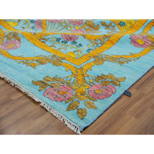 12'2"x14'9" Powder Blue, Arts and Craft William Morris Design Inspired, 100% Wool, Lush Pile, Hand Knotted, Oversized, Oriental Rug FWR479466