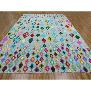 10'2"x14' Cloud Gray With Colorful Oushak Weave With Moroccan Inspired Design, Hand Knotted, Pure Wool, Substantially Heavy, Oriental Rug FWR479664