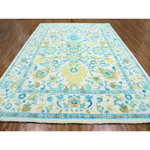Load image into Gallery viewer, 10&#39;2&quot;x14&#39; Frost Ivory With Turquoise Blue And Green, Hand Knotted, Oushak Weave And Design, Pure Wool, Lush Pile, Oriental Rug FWR479682