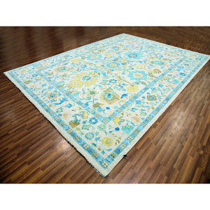 10'2"x14' Frost Ivory With Turquoise Blue And Green, Hand Knotted, Oushak Weave And Design, Pure Wool, Lush Pile, Oriental Rug FWR479682