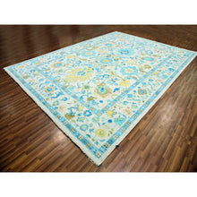 Load image into Gallery viewer, 10&#39;2&quot;x14&#39; Frost Ivory With Turquoise Blue And Green, Hand Knotted, Oushak Weave And Design, Pure Wool, Lush Pile, Oriental Rug FWR479682