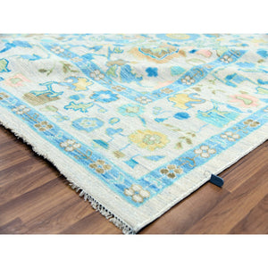 10'2"x14' Frost Ivory With Turquoise Blue And Green, Hand Knotted, Oushak Weave And Design, Pure Wool, Lush Pile, Oriental Rug FWR479682