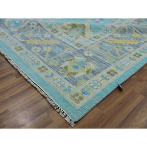 10'1"x13'10" Teal Blue, Oushak Weave And Design With All Over Leaf Pattern, Hand Knotted, Thick And Plush, Pure Wool, Oriental Rug FWR479718