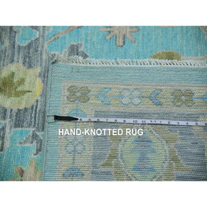 10'1"x13'10" Teal Blue, Oushak Weave And Design With All Over Leaf Pattern, Hand Knotted, Thick And Plush, Pure Wool, Oriental Rug FWR479718