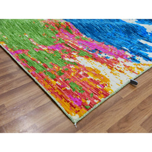 10'x14'1" Ivory with Multi Beach Colors, Hand Knotted, Modern Abstract Design, Pure Wool, Lush and Plush, Oriental Rug FWR479790