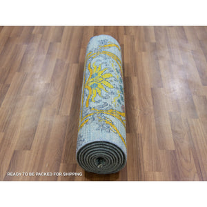2'8"x9'5" Blueish Gray, William Morris Inspired Arts and Crafts Design, Natural Wool, Hand Knotted, Thick and Plush, Runner, Oriental Rug FWR479808