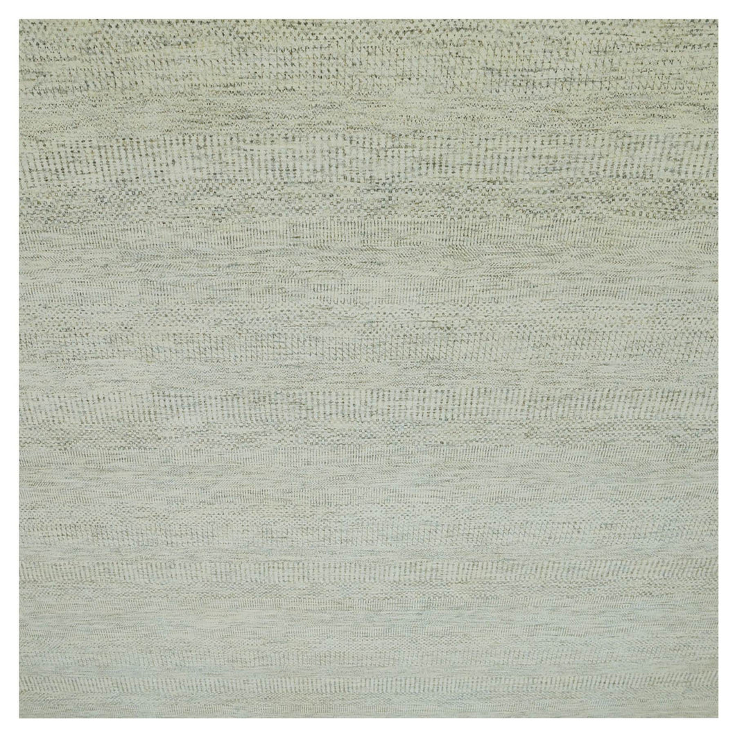 14'x14' Eggnog White, Borderless Modern Grass Design, Hand Knotted Organic Sustainable Textile, Pure Wool, Tone on Tone, Square Oriental Rug FWR479844