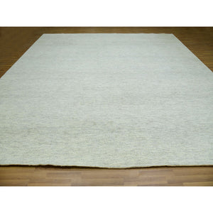 14'x14' Eggnog White, Borderless Modern Grass Design, Hand Knotted Organic Sustainable Textile, Pure Wool, Tone on Tone, Square Oriental Rug FWR479844