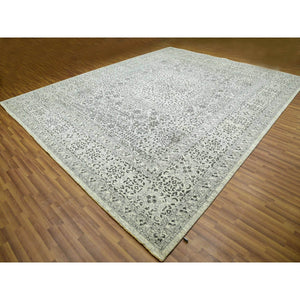 12'1"x15'4" Heron White, Mamluk Dynasty Design, Hand Knotted Undyed 100% Wool, Tone On Tone, Oversized Oriental Rug FWR479898