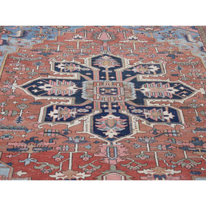 8'7"x12' Terracotta Red With Light Blue Corners, Antique Persian Serapi Heriz Abrash Flower Medallion, Clean Good Condition Evenly Worn Hand Knotted Pure Wool Oriental Rug FWR480312