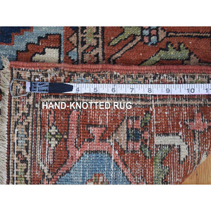8'7"x12' Terracotta Red With Light Blue Corners, Antique Persian Serapi Heriz Abrash Flower Medallion, Clean Good Condition Evenly Worn Hand Knotted Pure Wool Oriental Rug FWR480312