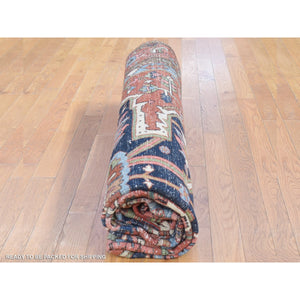 8'7"x12' Terracotta Red With Light Blue Corners, Antique Persian Serapi Heriz Abrash Flower Medallion, Clean Good Condition Evenly Worn Hand Knotted Pure Wool Oriental Rug FWR480312