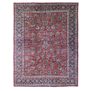 10'5"x13'7" Tomato Red, Antique Persian Sarouk with Flower Bouquet Design, Full Pile Soft and Clean Mint Condition, Hand Knotted 100% Wool Oriental Rug FWR480324