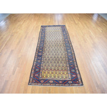 Load image into Gallery viewer, 4&#39;x10&#39;3&quot; Yellow, Antique Persian Bakshaish Abrash Paisley Design with Serrated Leaf Border, Excellent Condition Pure Wool, Clean Hand Knotted, Wide Runner Oriental Rug FWR480348