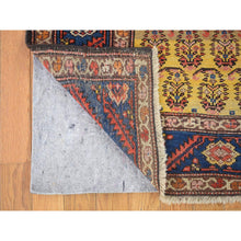 Load image into Gallery viewer, 4&#39;x10&#39;3&quot; Yellow, Antique Persian Bakshaish Abrash Paisley Design with Serrated Leaf Border, Excellent Condition Pure Wool, Clean Hand Knotted, Wide Runner Oriental Rug FWR480348