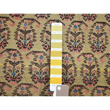 Load image into Gallery viewer, 4&#39;x10&#39;3&quot; Yellow, Antique Persian Bakshaish Abrash Paisley Design With Serrated Leaf Border, Excellent Condition Pure Wool, Clean Hand Knotted, Wide Runner Oriental Rug FWR480348