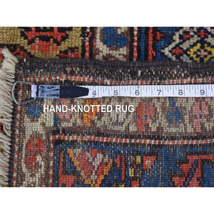 4'x10'3" Yellow, Antique Persian Bakshaish Abrash Paisley Design with Serrated Leaf Border, Excellent Condition Pure Wool, Clean Hand Knotted, Wide Runner Oriental Rug FWR480348