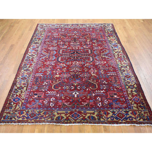 7'4"x9'9" Tomato Red With Gold, Antique Persian Heriz All Over Geometric Design, Pure Wool, Full Pile, Excellent Condition, Hand Knotted, Clean, Sides And Ends Professionally Secured, Oriental Rug FWR480414