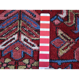 7'4"x9'9" Tomato Red With Gold, Antique Persian Heriz All Over Geometric Design, Pure Wool, Full Pile, Excellent Condition, Hand Knotted, Clean, Sides And Ends Professionally Secured, Oriental Rug FWR480414