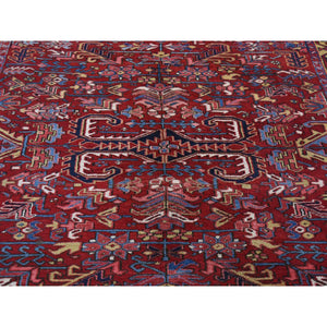 7'4"x9'9" Tomato Red With Gold, Antique Persian Heriz All Over Geometric Design, Pure Wool, Full Pile, Excellent Condition, Hand Knotted, Clean, Sides And Ends Professionally Secured, Oriental Rug FWR480414