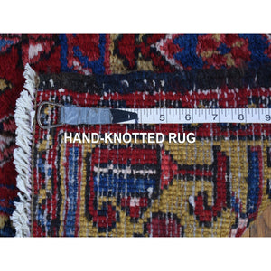 7'4"x9'9" Tomato Red With Gold, Antique Persian Heriz All Over Geometric Design, Pure Wool, Full Pile, Excellent Condition, Hand Knotted, Clean, Sides And Ends Professionally Secured, Oriental Rug FWR480414