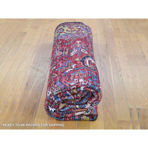 7'4"x9'9" Tomato Red With Gold, Antique Persian Heriz All Over Geometric Design, Pure Wool, Full Pile, Excellent Condition, Hand Knotted, Clean, Sides And Ends Professionally Secured, Oriental Rug FWR480414