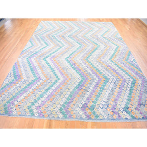 10'3"x13'2" Blue, Afghan Kilim With Geometric Design, Multicolor Flat Weave, Vertical Zig Zag Design, Vegetable Dyes, Pure Wool, Hand Knotted Oriental Rug FWR480510