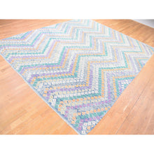 Load image into Gallery viewer, 10&#39;3&quot;x13&#39;2&quot; Blue, Afghan Kilim With Geometric Design, Multicolor Flat Weave, Vertical Zig Zag Design, Vegetable Dyes, Pure Wool, Hand Knotted Oriental Rug FWR480510