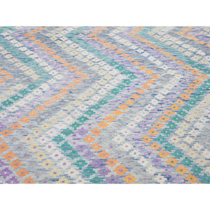10'3"x13'2" Blue, Afghan Kilim With Geometric Design, Multicolor Flat Weave, Vertical Zig Zag Design, Vegetable Dyes, Pure Wool, Hand Knotted Oriental Rug FWR480510