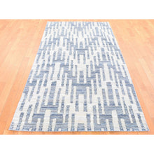 Load image into Gallery viewer, 4&#39;x10&#39;3&quot; Gray, Zigzag with Graph Design, Pure Silk and Textured Wool, Hand Knotted Wide Runner Oriental Rug FWR480528