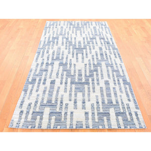 4'x10'3" Gray, Zigzag with Graph Design, Pure Silk and Textured Wool, Hand Knotted Wide Runner Oriental Rug FWR480528