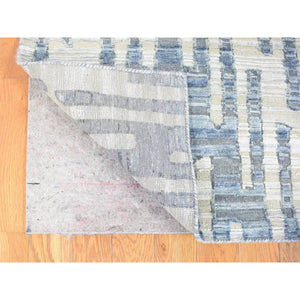 4'x10'3" Gray, Zigzag with Graph Design, Pure Silk and Textured Wool, Hand Knotted Wide Runner Oriental Rug FWR480528