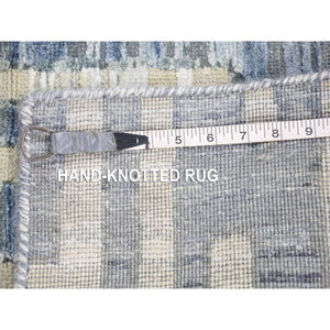 4'x10'3" Gray, Zigzag with Graph Design, Pure Silk and Textured Wool, Hand Knotted Wide Runner Oriental Rug FWR480528