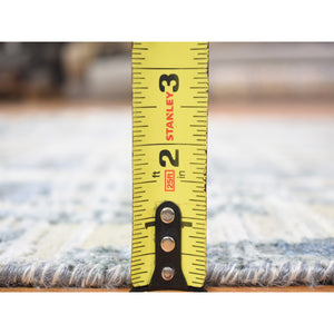 4'x10'3" Gray, Zigzag with Graph Design, Pure Silk and Textured Wool, Hand Knotted Wide Runner Oriental Rug FWR480528