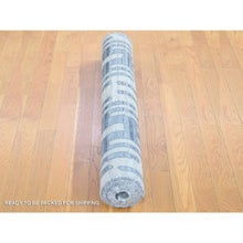 Load image into Gallery viewer, 4&#39;x10&#39;3&quot; Gray, Zigzag With Graph Design, Pure Silk And Textured Wool, Hand Knotted Wide Runner Oriental Rug FWR480528