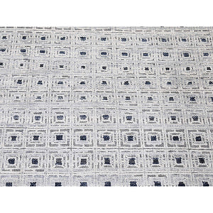 2'8"x8'1" Ivory, Modern With Squares Design, Pure Silk With Textured Wool Hand Knotted, Runner Oriental Rug FWR480894