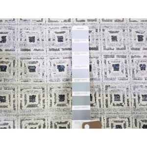 2'8"x8'1" Ivory, Modern With Squares Design, Pure Silk With Textured Wool Hand Knotted, Runner Oriental Rug FWR480894