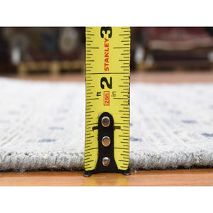 2'8"x8'1" Ivory, Modern With Squares Design, Pure Silk With Textured Wool Hand Knotted, Runner Oriental Rug FWR480894