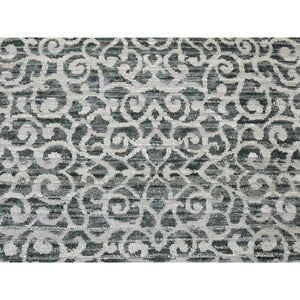 2'9"x8' Green, Modern Damask Arabesque Design, Hand Knotted Textured Wool And Pure Silk, Runner Oriental Rug FWR480906