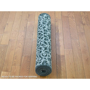 2'9"x8' Green, Modern Damask Arabesque Design, Hand Knotted Textured Wool And Pure Silk, Runner Oriental Rug FWR480906