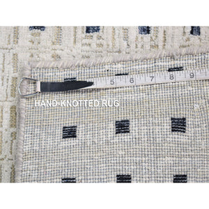 2'7"x8'1" Ivory, Pure Silk With Textured Wool Hand Knotted, Modern With Squares Design, Runner Oriental Rug FWR480924