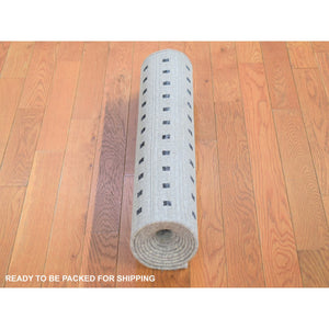 2'7"x8'1" Ivory, Pure Silk With Textured Wool Hand Knotted, Modern With Squares Design, Runner Oriental Rug FWR480924