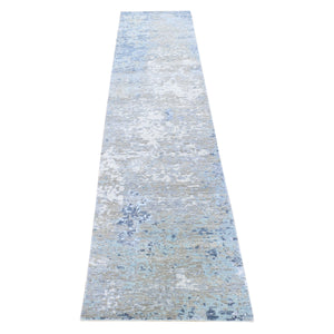 2'6"x11'10" Gray, Pure Wool Modern Abstract Design, Denser Weave Hand Knotted, Runner Oriental Rug FWR481074
