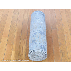 2'6"x11'10" Gray, Pure Wool Modern Abstract Design, Denser Weave Hand Knotted, Runner Oriental Rug FWR481074